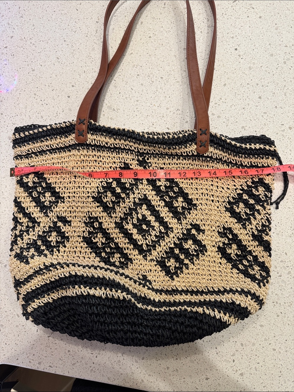 Billabong Woven Straw Tote Bag with Black Pattern and Brown Handles - Picture 4 of 6